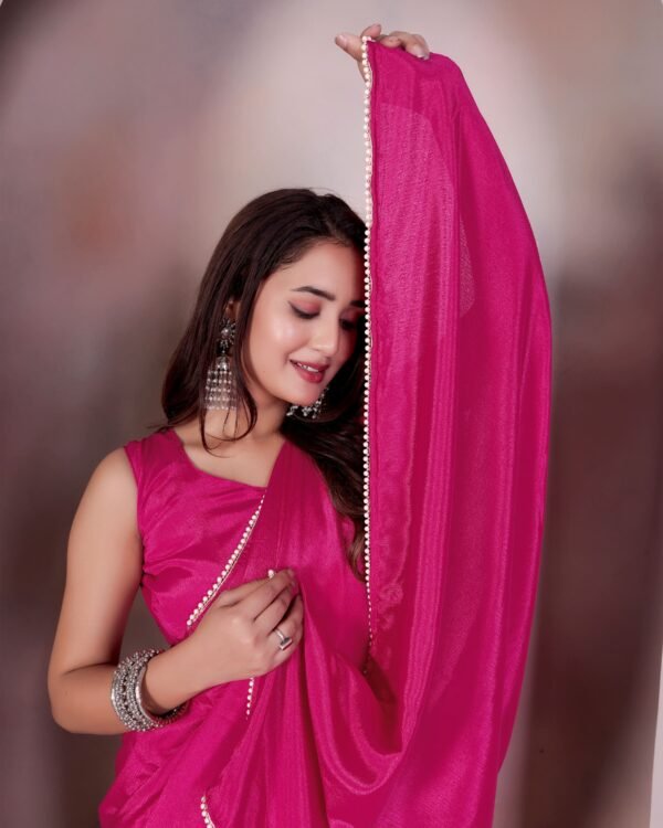 Chiffon Pearl Lace border Saree With Blouse
