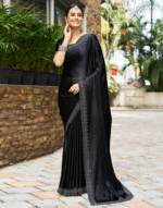 Trendy Black Solid Satin Silk Saree – Fashionable Daily Wear & Partywear Saree