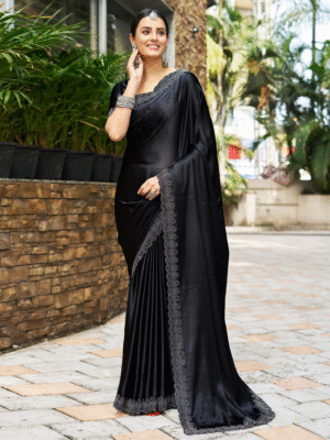 Trendy Black Solid Satin Silk Saree – Fashionable Daily Wear & Partywear Saree