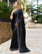 Trendy Black Solid Satin Silk Saree – Fashionable Daily Wear & Partywear Saree