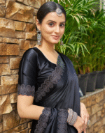 Trendy Black Solid Satin Silk Saree – Fashionable Daily Wear & Partywear Saree