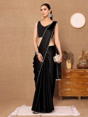 Satin Silk Embellished Saree with Pearl Border – Trendy Saree with Blouse Piece