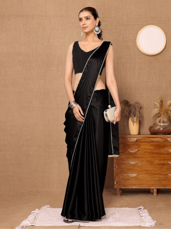 Satin Silk Embellished Saree with Pearl Border – Trendy  Saree with Blouse Piece