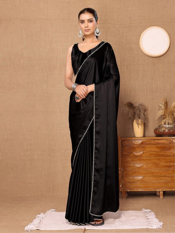 Satin Silk Embellished Saree with Pearl Border – Trendy  Saree with Blouse Piece
