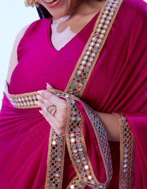 Designer Chinon Chiffon Saree With Heavy mirror border