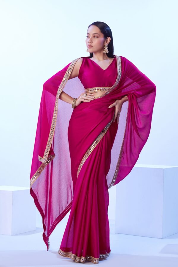 Designer Chinon Chiffon Saree With Heavy mirror border