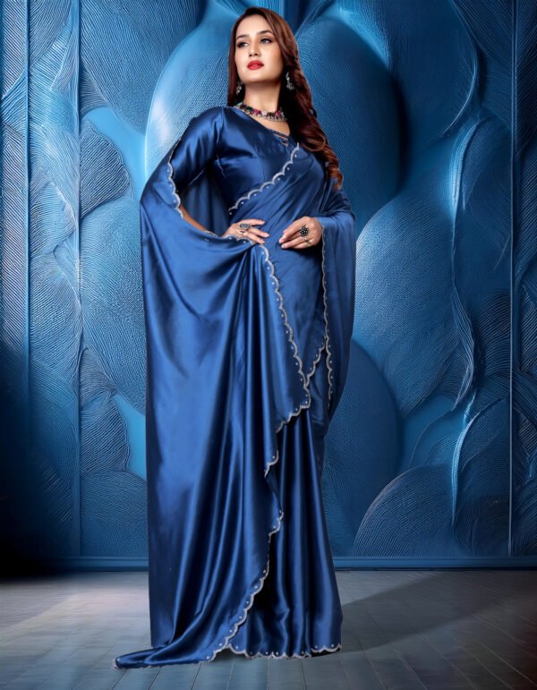 Trendy Fashionable Stone Border Satin Silk Women's Cut Work Saree