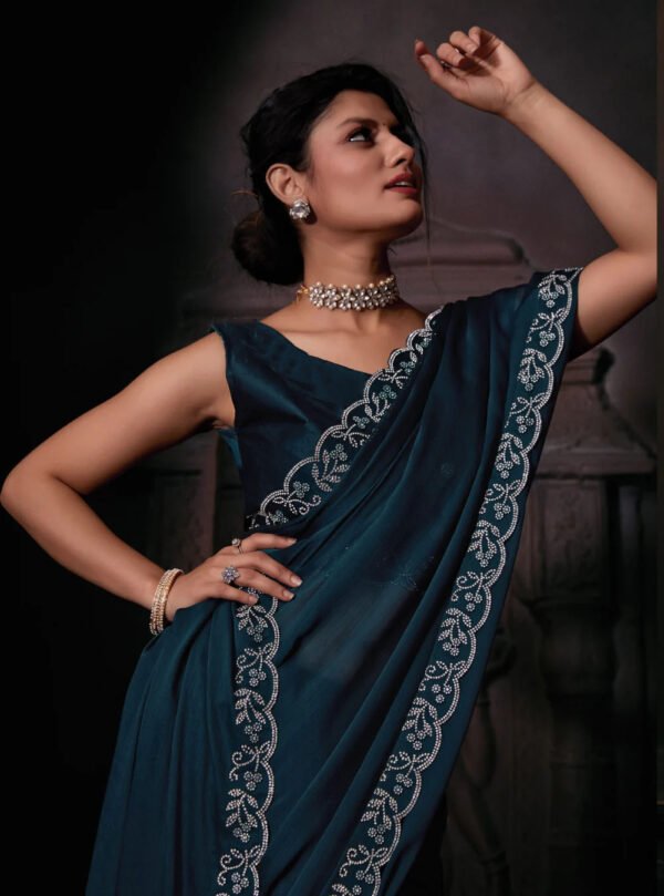 Silk Saree in Navy Blue – Glamorous Designer Saree with Blouse for Party & Weddings