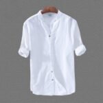 Men's White Cotton Mandarin Collar Shirt with Full Sleeve