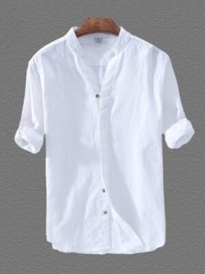 Men's White Cotton Mandarin Collar Shirt with Full Sleeve