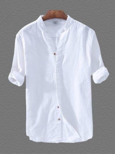 Men's White Cotton Mandarin Collar Shirt with Full Sleeve