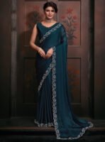 Silk Saree in Navy Blue – Glamorous Designer Saree with Blouse for Party & Weddings