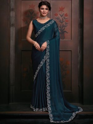 Silk Saree in Navy Blue – Glamorous Designer Saree with Blouse for Party & Weddings