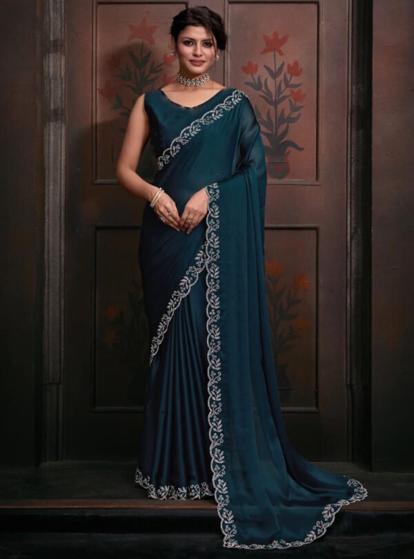 Silk Saree in Navy Blue – Glamorous Designer Saree with Blouse for Party & Weddings