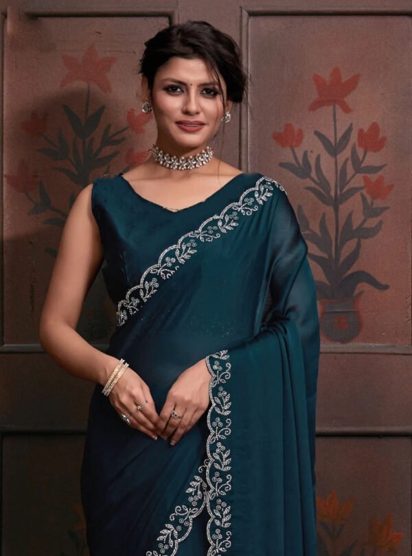Silk Saree in Navy Blue – Glamorous Designer Saree with Blouse for Party & Weddings