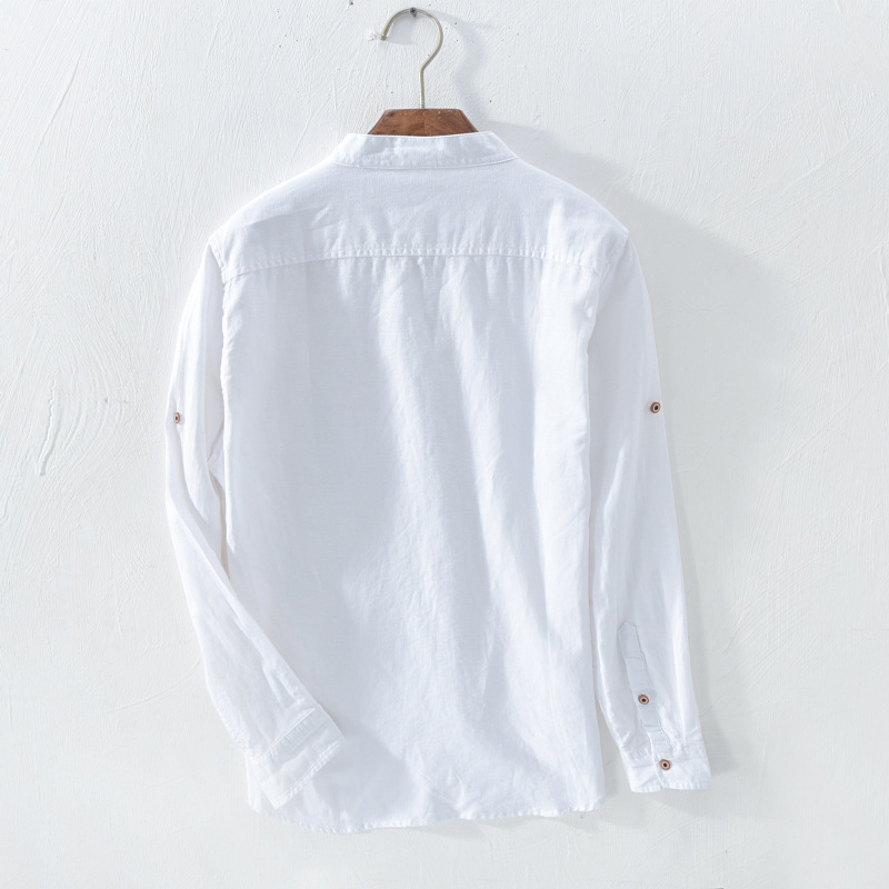 Men's White Cotton Mandarin Collar Shirt with Full Sleeve