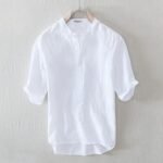 Men's White Cotton Half Sleeve Mandarin Collar Shirt