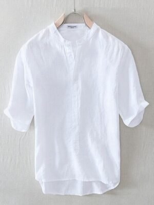 Men's White Cotton Half Sleeve Mandarin Collar Shirt