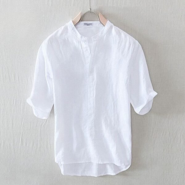 Men's White Cotton Half Sleeve Mandarin Collar Shirt