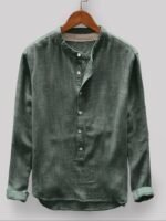 Men's Dark Green Cotton Full Sleeve Mandarin Collar Shirt