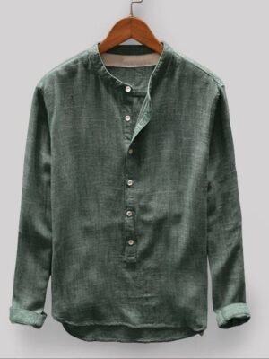 Men's Dark Green Cotton Full Sleeve Mandarin Collar Shirt