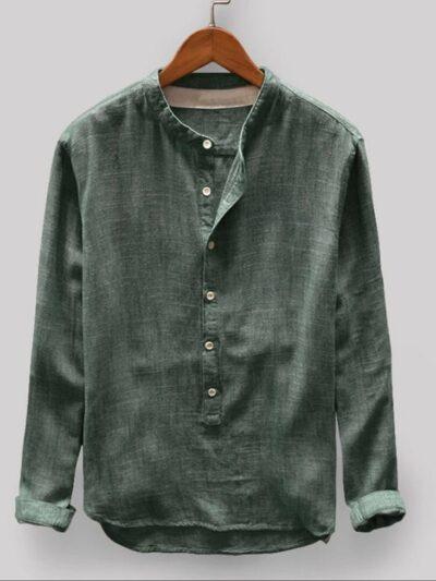 Men's Dark Green Cotton Full Sleeve Mandarin Collar Shirt