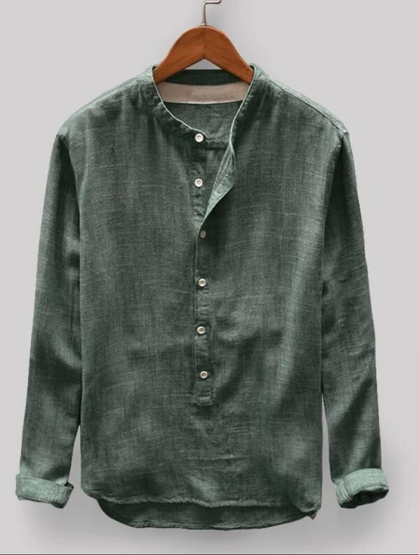 Men's Dark Green Cotton Full Sleeve Mandarin Collar Shirt