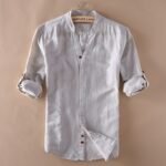 Men's Beige Cotton-Linen Mandarin Collar Shirt – Minimal Rustic Style