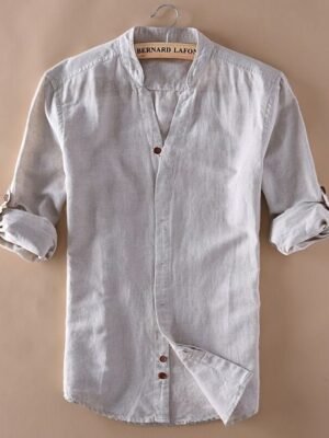 Men's Beige Cotton-Linen Mandarin Collar Shirt – Minimal Rustic Style