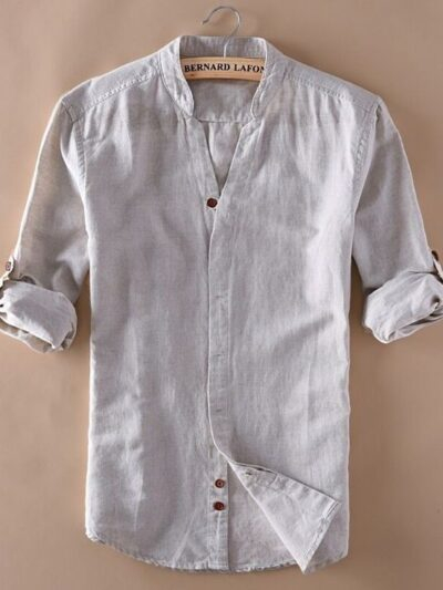 Men's Beige Cotton-Linen Mandarin Collar Shirt – Minimal Rustic Style