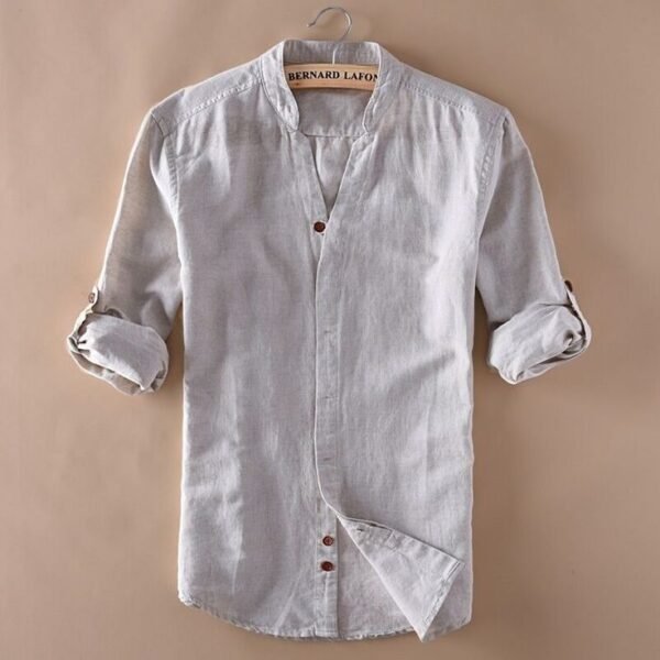 Men's Beige Cotton-Linen Mandarin Collar Shirt – Minimal Rustic Style