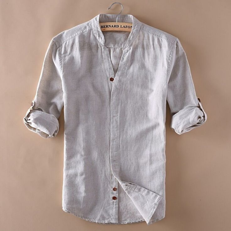 Men's Beige Cotton-Linen Mandarin Collar Shirt – Minimal Rustic Style