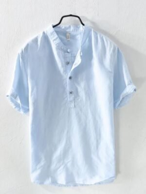 Men's Light Blue Half-Sleeve Cotton Shirt – Mandarin Collar Casual Fit