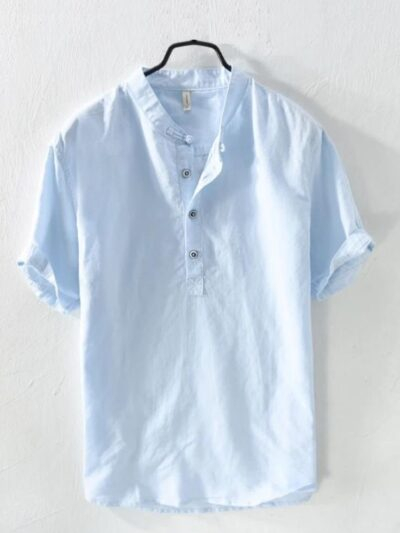 Men's Light Blue Half-Sleeve Cotton Shirt – Mandarin Collar Casual Fit