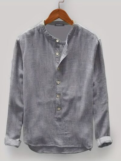 Men's Grey Full-Sleeve Cotton Kurta Shirt – Mandarin Collar