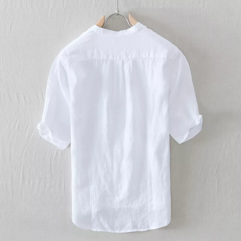 Men's White Cotton Half Sleeve Mandarin Collar Shirt