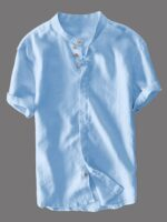 Men's Light Blue Half-Sleeve Mandarin Collar Shirt