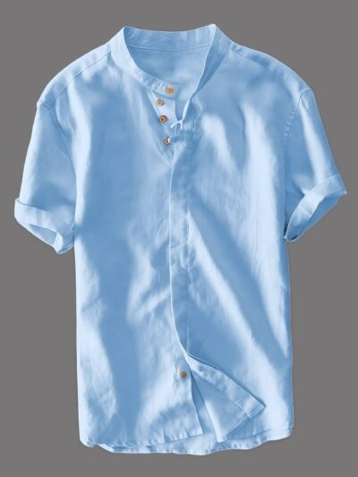 Men's Light Blue Half-Sleeve Mandarin Collar Shirt